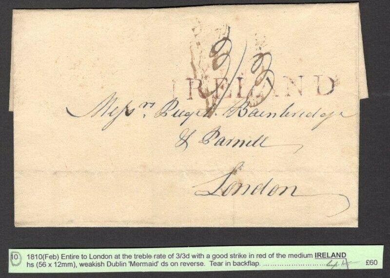 Ireland 1810 Treble Rate 3/3 E To London Sl Ireland & Weakish Dublin Mermaid
